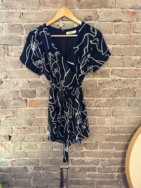 Mod Ref Black Romper with White Abstract Line Print